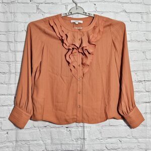 Loft Womens M Orange Ruffled Long Sleeve Blouse Top Casual Lightweight Fall